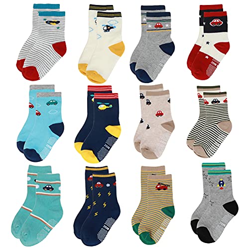 Yafane 12 Pares de Calcetines Antideslizantes para Niños Pequeños Infantil Recién Nacido Calcetines Antideslizantes Algodón para Bebés 0-7 años (Gris, 3-5 años)