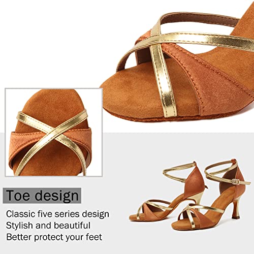 YKXLM Mujeres&Niña Zapatos latinos de baile Zapatillas de baile de salón Salsa Tango Performance Calzado de Danza,ES805-7,Marrón color,EU 38.5