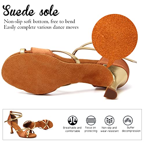 YKXLM Mujeres&Niña Zapatos latinos de baile Zapatillas de baile de salón Salsa Tango Performance Calzado de Danza,ES805-7,Marrón color,EU 38.5