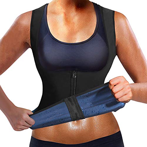 Yokald Chaleco Sauna Deportivo Mujer Fajas Reductoras Adelgazantes Abdominal Polímero Camiseta Sudoración Compresión de Cremallera para Deporte Fitness (Negro, 2XL)
