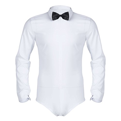 YOOJIA Hombre Camisa de Danza Latina Tango Maillot de Baile 2Pcs Camisa Clásica/Corbata Mono Deportivo Manga Largo Traje Actuación Blanco L