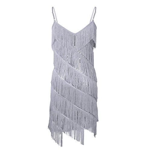 YOOJIA Vestido de Baile de Salón para Mujer Chica Vestido con Flecos Lentejuelas Traje Baile Latino Danza Salsa Actuación Plateado Talla Única