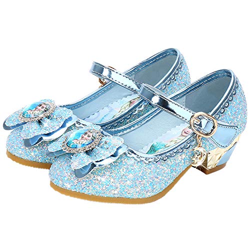 YOSICIL Disfraz Princesa Zapatos Frozen Elsa Zapatos de Lentejuelas Antideslizante Niñas Zapatos de Tacón Velcro Zapatillas de Baile para Vestir Fiesta Cumpleaños Boda Infantil 3-14 Años,Azul 26