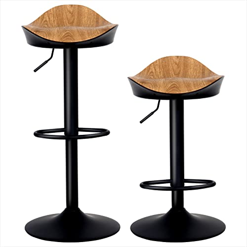 YOUNUOKE 2X Taburete de Bar Taburetes Altos de Cocina Sillas de Bar, Regulable en Altura y Giratorio 360, PU de Madera ABS y Mental,para Cocina, Casa y Bar, Marrón, Juego de 2