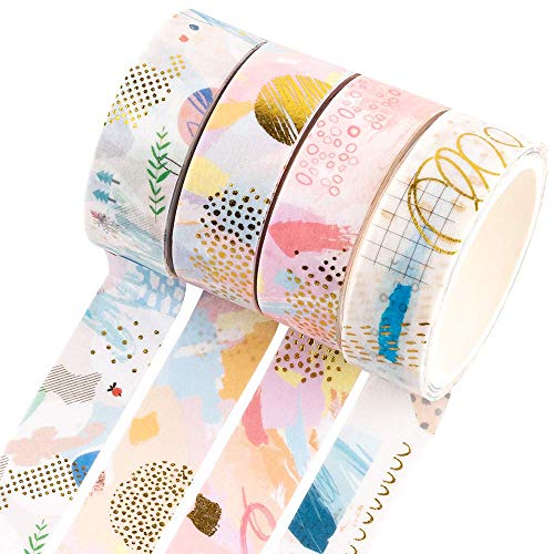 YUBBAEX Oro Washi Tape Set cinta adhesiva decorativa Washi Glitter Adhesivo de Cinta Decorativa para DIY Crafts Scrapbooking 4 Rollos (Bronceado geométrico)