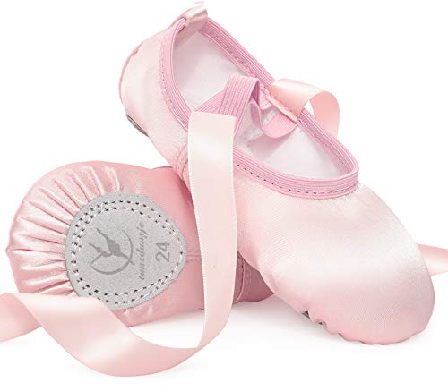 Zapatillas de Ballet Satén Zapatillas de Danza Suela de Cuero con Cinta para Niñas Tallas 22-40