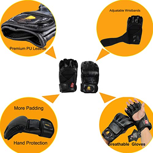 ZooBoo Guantes de Boxeo, Guantes de Artes Marciales Mixtas para Entrenamiento UFC, para Hombres y Mujeres, de Piel, más Acolchados, para Boxeo, Sparring, Muay Thai, Bolsa Pesada Negro