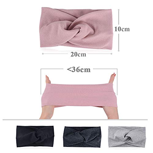 4pcs Banda de Pelo Mujer Venda de Pelo Elástica Turbantes Mujer 4 Colores Variados Cinta para Pelo de Cabeza de Algodón Diademas de Mujer de Nudo (Negro + gris oscuro+ gris claro + rosa)