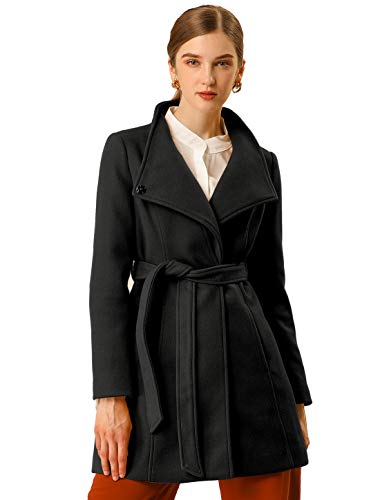 Allegra K Abrigos Largos con cinturón de Manga Larga con Cuello Alto Elegante de Invierno para Mujer Negro XS