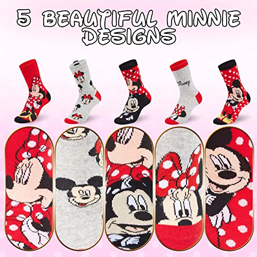 Disney Calcetines Mujer Divertidos de Minnie Mouse, Pack de 5 Calcetines Altos Mujer, Regalos Originales para Mujer (Gris/Rojo)