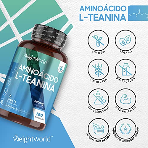 L-Teanina 400 mg, 180 Cápsulas Veganas - Suplemento de L Teanina con Ingredientes de Origen 100% Natural, Aminoácido Proveniente de las Hojas del Té Verde, Alternativa Natural al GABA