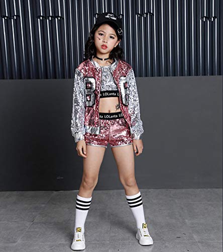 LOLANTA 4 Piezas de niñas Hip Hop Dance Costume Kids Lentejuelas Jazz Dance Clothes Set Calcetines adjuntos