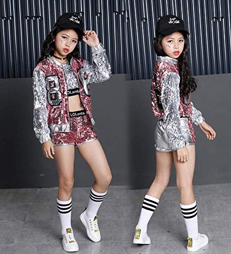 LOLANTA 4 Piezas de niñas Hip Hop Dance Costume Kids Lentejuelas Jazz Dance Clothes Set Calcetines adjuntos