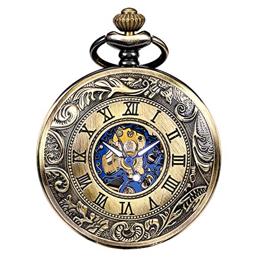 ManChDa Reloj de Bolsillo Hombre Mujer Relojes de Bolsillo con Cadena Relojes de Bolsillo mecánico Grabado Steampunk Números Romanos Mano Viento Reloj de Bolsillo