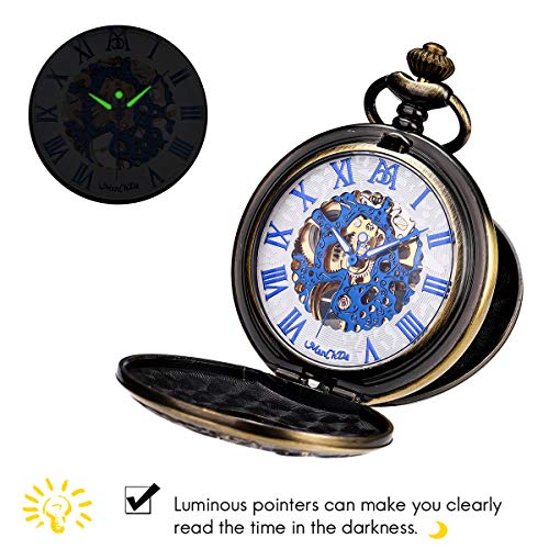 ManChDa Reloj de Bolsillo Hombre Mujer Relojes de Bolsillo con Cadena Relojes de Bolsillo mecánico Grabado Steampunk Números Romanos Mano Viento Reloj de Bolsillo