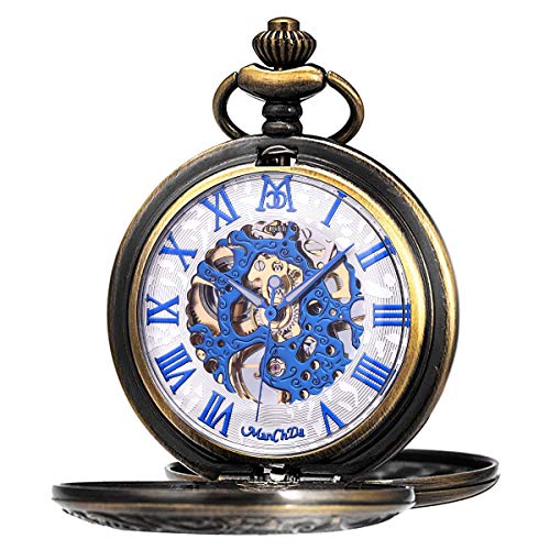 ManChDa Reloj de Bolsillo Hombre Mujer Relojes de Bolsillo con Cadena Relojes de Bolsillo mecánico Grabado Steampunk Números Romanos Mano Viento Reloj de Bolsillo