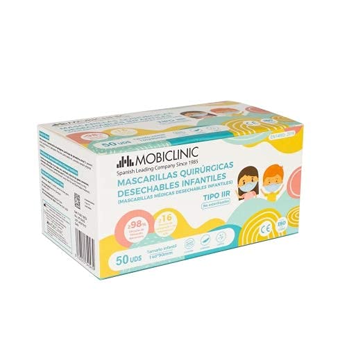 Mascarillas Quirúrgicas Infantiles IIR, 50 uds, Mobiclinic, Marca Española, Mascarillas médicas homologadas, 3 capas, Alta eficiencia filtración bacteriana mayor al 98%, EN 14683:2019, Marcado CE
