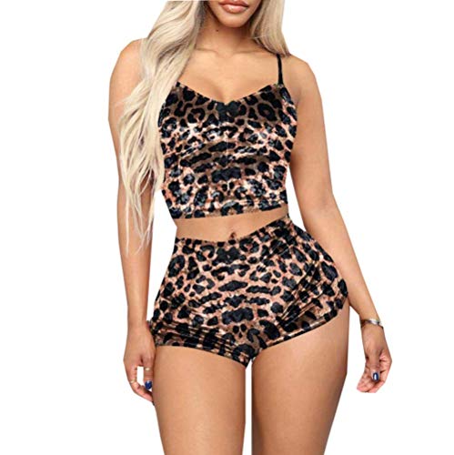 Pijamas Mujer Lencería 2 Piezas Conjunto de Ropa de Dormir Traje de Pijama de Terciopelo Crop Top Corto de Tirantes Camisola y Pantalones Cortos para Mujer (Leopardo, S)