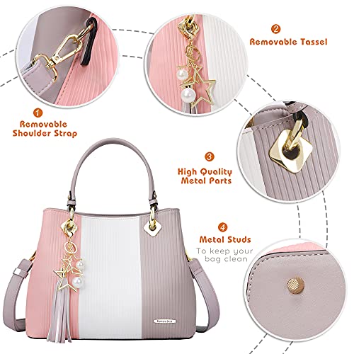 Pomelo Best Bolsos de Mujer, Bolso Señora Tote Multicolor Rayas PU Cuero Con Flecos Bolso Hombro Bolso Shopper perfecto para Trabajo, Diario Vida, Navidad y Fiesta ect (Rosa)