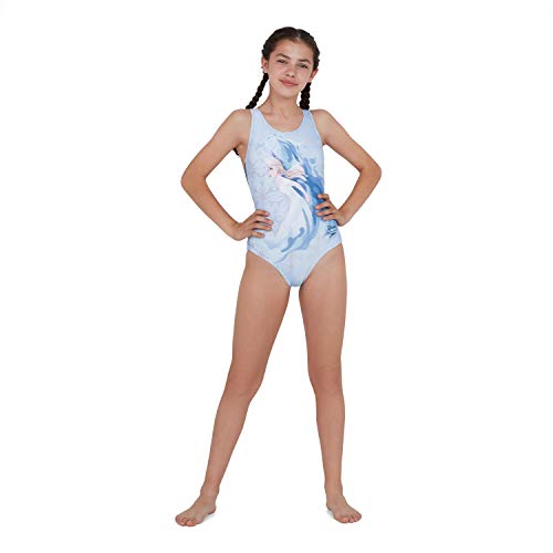 Speedo Splashback con Inserto Digital Disney Frozen 2"Elsa Bañador, Niñas, Azul Pastel/Azul Cielo/Azul Marino, 9-10