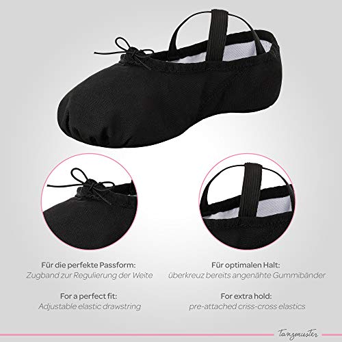 tanzmuster Zapatillas Media Punta de Ballet - Lino, Suela Partida de Cuero - Negro - Talla: 31