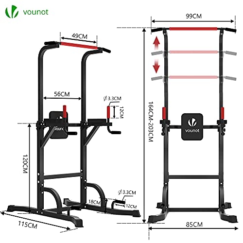 VOUNOT Power Tower Pull Up Dip Station con Barras de Dominadas, Estación de Musculación Multifuncional, Torre Entrenamiento para Gimnasio en Casa, Capacidad de Peso 150KG, Negro