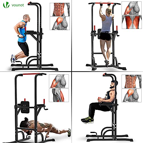VOUNOT Power Tower Pull Up Dip Station con Barras de Dominadas, Estación de Musculación Multifuncional, Torre Entrenamiento para Gimnasio en Casa, Capacidad de Peso 150KG, Negro