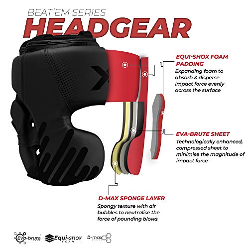 XN8 Boxeo Protector Casco - Muay Thai-Kickboxing-Artes Marciales-Headgear con Cara Oreja Las Mejillas Protección-Karate-Sparring MMA Luchando (Negro, XL)