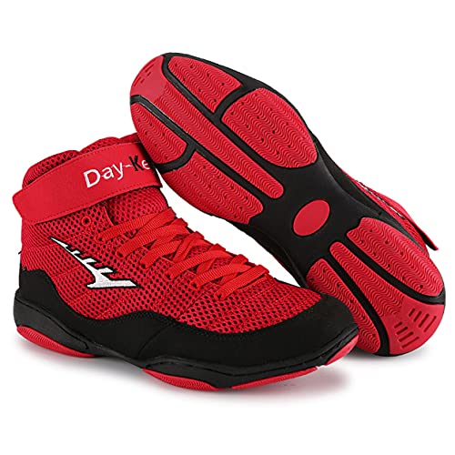 Zapatos De Boxeo Superior, Botas De Boxeador De Alta Tracción Zapatos De Lucha Duradera Ligero Ligero Levantamiento De Pesas Calzado para Luchadores Hombres Mujeres Niños,Rojo,45 EU
