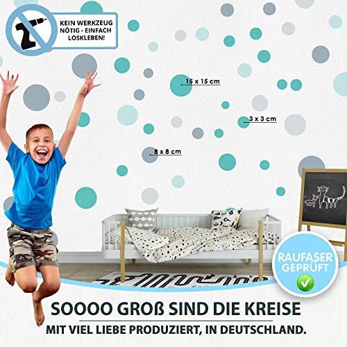 100 tatuajes de pared de lunares para el cuarto de los niños - set de 100 pegatinas de pared - colores pastel para bebé para pegar círculos de papel de pared, menta - turquesa - azul claro - gris