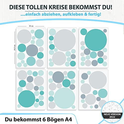 100 tatuajes de pared de lunares para el cuarto de los niños - set de 100 pegatinas de pared - colores pastel para bebé para pegar círculos de papel de pared, menta - turquesa - azul claro - gris
