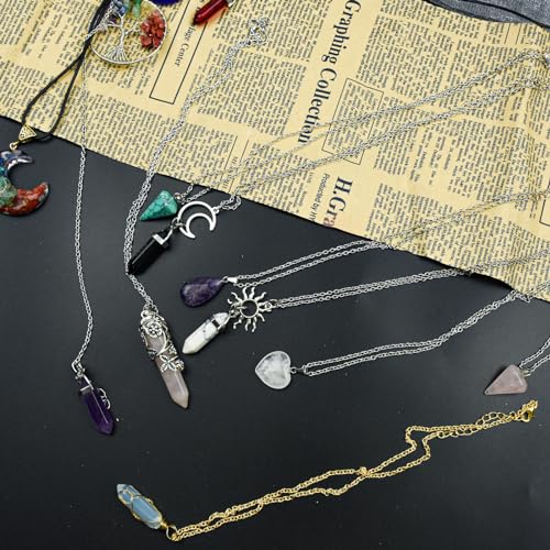 15Pcs Collares de Cristal Curativo, Kikuo Natural Curación Collar de Cristal Árbol de la Vida Columna Hexagonal Malde Ojo Gota Taper Solar Obsidiana Piedra para Mujeres, Niñas y Hombres