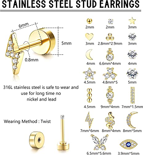 ADRAMATA 20 Piezas Acero Inoxidable Stud Pequeños Aretes para Mujeres Hombres, 20G Aretes de Cartílago de Pequeños Serpiente Mariposa Corazón Ojo Flor, Tornillo Flat Back Stud Aretes,G