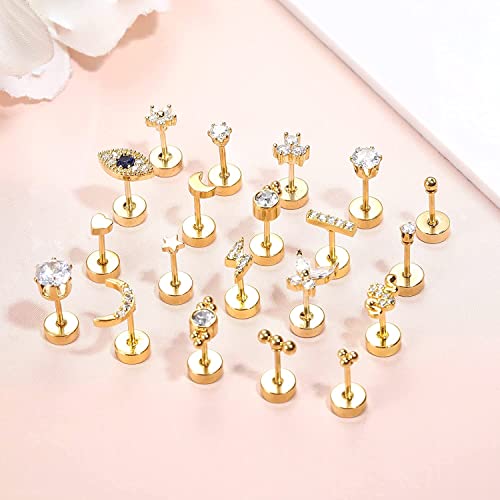 ADRAMATA 20 Piezas Acero Inoxidable Stud Pequeños Aretes para Mujeres Hombres, 20G Aretes de Cartílago de Pequeños Serpiente Mariposa Corazón Ojo Flor, Tornillo Flat Back Stud Aretes,G