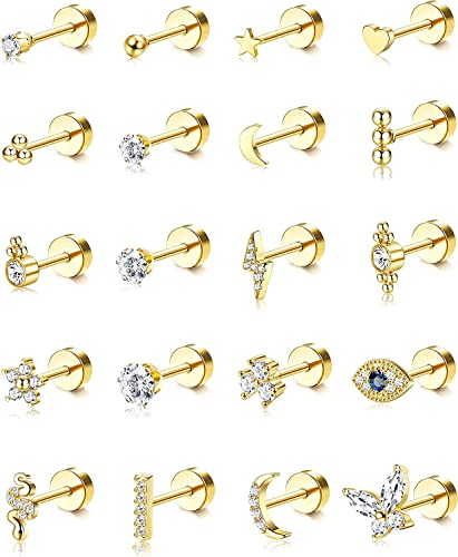 ADRAMATA 20 Piezas Acero Inoxidable Stud Pequeños Aretes para Mujeres Hombres, 20G Aretes de Cartílago de Pequeños Serpiente Mariposa Corazón Ojo Flor, Tornillo Flat Back Stud Aretes,G
