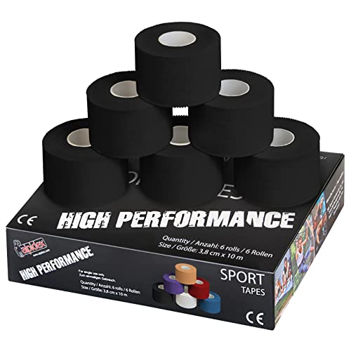 ALPIDEX 6 x Cinta Adhesiva Deportiva 3,8 cm x 10 m Sport Tape 100% Algodón Inelástica Balonmano Fútbol Voleibol Escalada, Color:Negro
