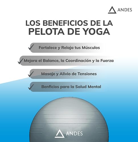 Andes. Pelota de Gimnasia, Fitness, Yoga, Pilates, Tamaño 55, 65 y 75 cm, Fitball para Ejercicios y Embarazos, Bola para Sentarse, Balón Muy Resistente, Hinchador Inlcuido. (55 CM)