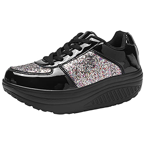 ANUFER Mujer Súper Ligero Plataforma Zapatillas con Cordones Cuña Zapatos Deportivos Negro SN070680 EU39.5