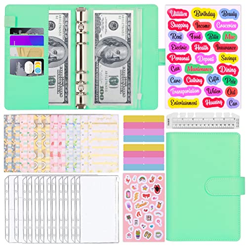 AOTUAO Carpeta de Presupuesto A6, 30Piezas Carpeta de Cuaderno 6 Anillas de PU, con Bolsas de Transparente con Cremallera/Hojas de Presupuesto/Etiqueta de Categoría/Dibujos Animados Pegatinas/Regla