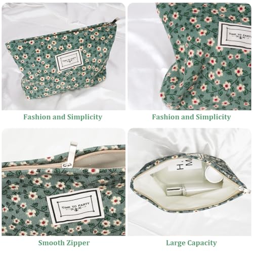 Aucuu Neceser Maquillaje Floral para Mujer, Bolsas de Cosméticos de Tejido de Pana con Cremallera, Neceser Portátil, Multifunctional Organizador para Viaje -Margarita Verde