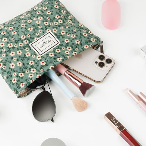 Aucuu Neceser Maquillaje Floral para Mujer, Bolsas de Cosméticos de Tejido de Pana con Cremallera, Neceser Portátil, Multifunctional Organizador para Viaje -Margarita Verde