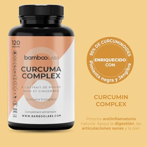 Bamboo Labs - Curcuma con Jengibre y Pimienta Negra 5000mg por Cápsula, 120 Capsulas, Fórmula Avanzada con Curcuminoides, Polvo de Turmeric Original de la India, Certificación Ecológica