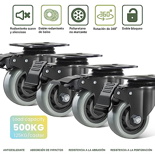 BAOLIHUI Ruedas Giratorias de 75mm Gris - Set de 4 Ruedas para Trabajo Pesado con Freno y Tornillos Carga de hasta 500KG - Ruedas para Muebles y Equipo Industrial - Uso en Interior y Exterior.