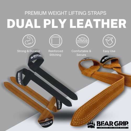 BEAR GRIP - Correas de cuero para levantamiento de pesas para gimnasio, culturismo, levantamiento de potencia, crossfit y más (camello de doble capa, sin acolchado)