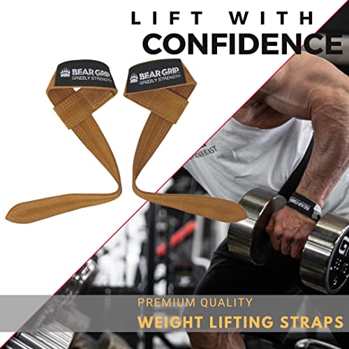 BEAR GRIP - Correas de cuero para levantamiento de pesas para gimnasio, culturismo, levantamiento de potencia, crossfit y más (camello de doble capa, sin acolchado)