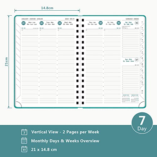 BEZEND Agenda 2024 Semana Vista Vertical A5 con Pestañas Mensuales [Turquesa] Planificador Anual 2024 Espiral | Papel Certificado FSC® de 100 g/m² & Tapa Blanda de Cuero PU