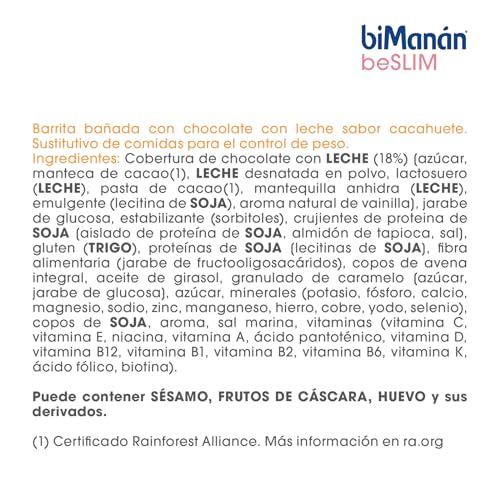 biManán BeSlim Barritas Sustitutivas Cacahuete Crujiente- 2 Barritas Equivalen a una Comida - Dieta Baja en Calorías - Productos para Adelgazar - Caja de 6 Unidades