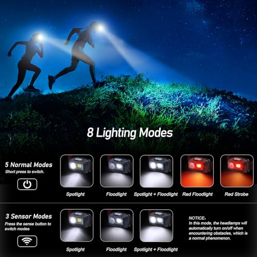 Blukar Linterna Frontal Recargable, 2000L Super Brillante Impermeable Linterna Cabeza LED Con Sensor de Movimiento y Luces de Advertencia Rojas, 8 Modos Luz, 30h de Tiempo Ejecución