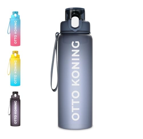 Botella Agua 1 litro -Otto Koning- Botella de Agua Deportiva con Marcador de Volumen, Botella de Agua 1000ml Reutilizable para Colegio, Bicicleta, Gimnasio, Camping. A Prueba de Fugas. Sin BPA
