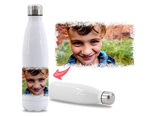 Botella personalizada con foto y nombre. Botella agua acero inoxidable 500 ml de doble capa y libre de BPA. Mantiene las bebidas frías y calientes 12h. Botella agua termica de color blanca